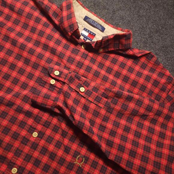 Vtg Tommy Hilfiger XL Plaid Button Down Shirt Red Black Long Sleeve April 2000 - Picture 1 of 8
